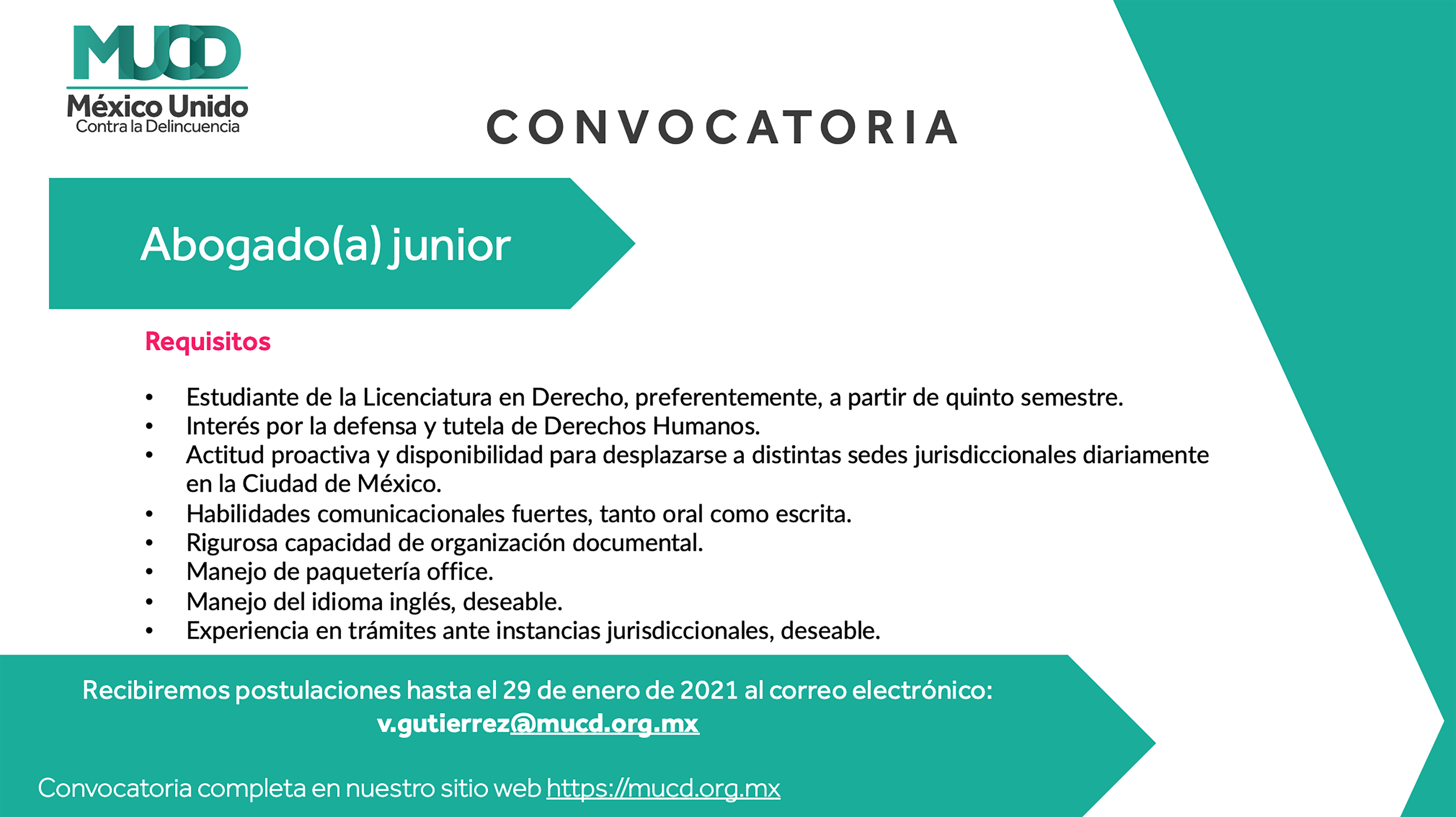 Convocatoria: Abogado Junior – México Unido Contra la Delincuencia